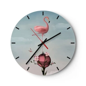 Horloge murale - Pendule murale - Un flamant rose debout sur une boule décorée de fleurs. - 30x30cm - Allégorie du basket-ball - Décoration murale moderne pour le salon, la cuisine et la chambre ARTTOR