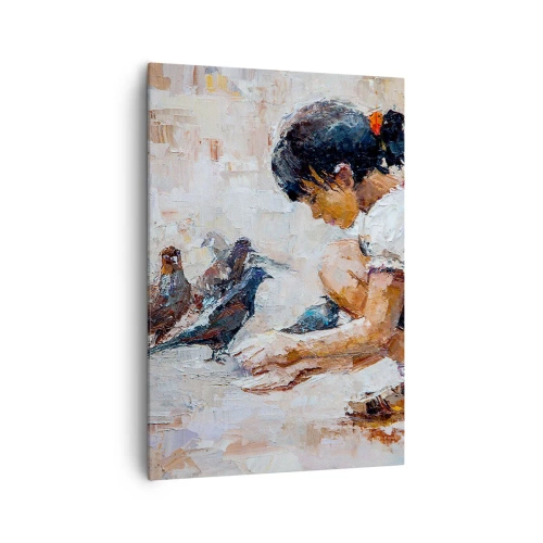 Impression sur toile - Image sur toile - Une fille nourrissant des oiseaux dans un style pictural - 70x100cm - Les plus petits et les plus gentils - Décoration murale moderne pour le salon et la chambre ARTTOR