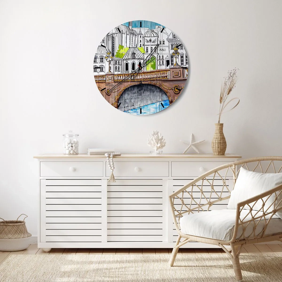 Horloge murale - Pendule murale - Illustration d'architecture urbaine avec un pont - 30x30cm - Une ville comme peinte - Décoration murale moderne pour le salon, la cuisine et la chambre ARTTOR