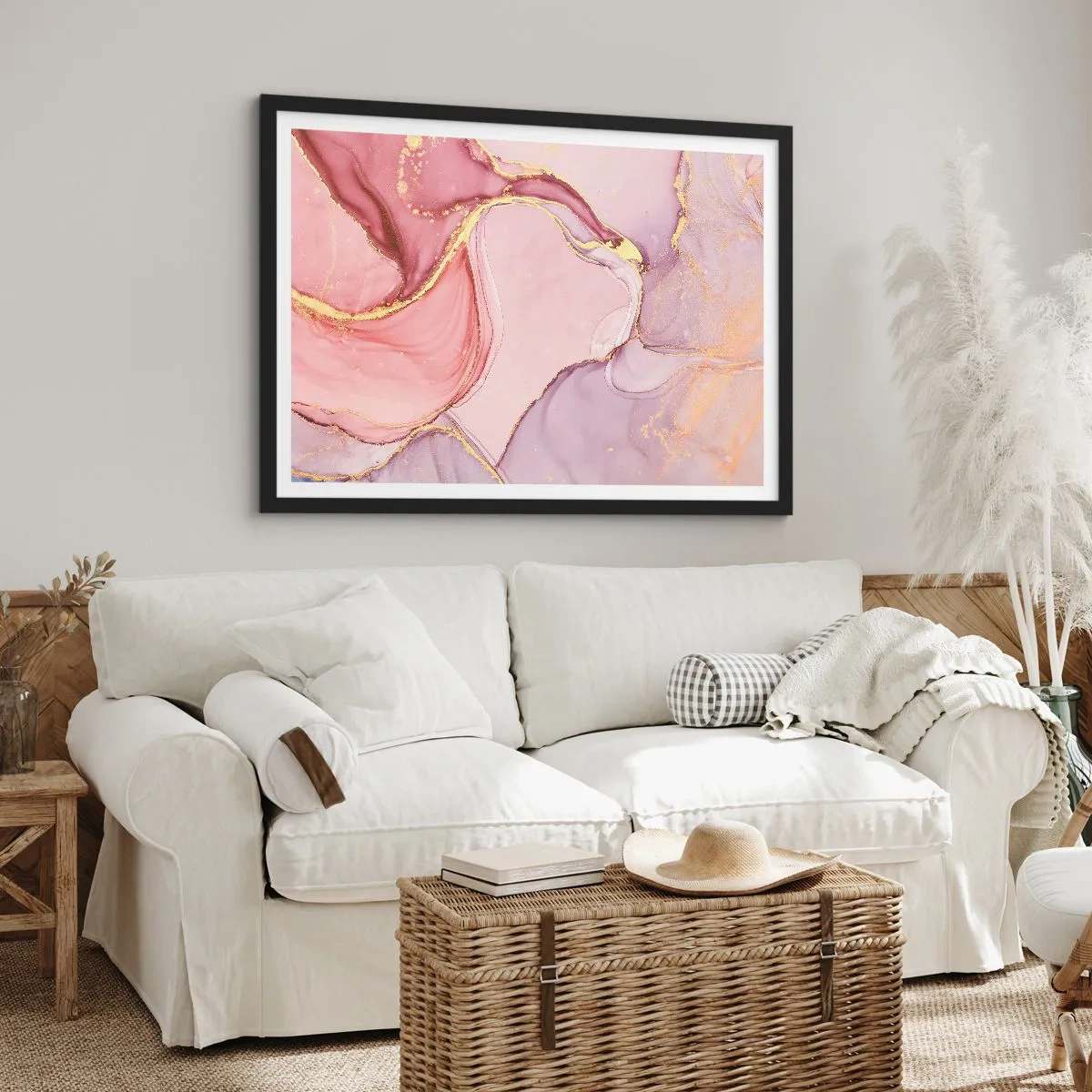 Affiche dans un cadre noir - Poster - Motifs abstraits délicats dans des tons de rose et d'or - 100x70cm - Caresse de couleurs - Décoration murale moderne pour le salon et la chambre ARTTOR