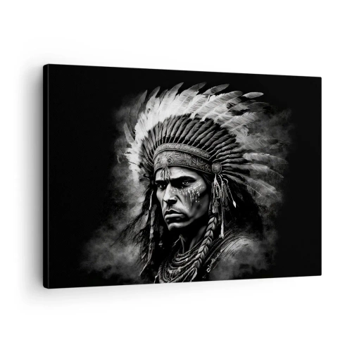 Impression sur toile - Image sur toile - Portrait d'un chef portant une coiffe à plumes sur fond noir - 70x50cm - Un leader et un guerrier - Décoration murale moderne pour le salon et la chambre ARTTOR