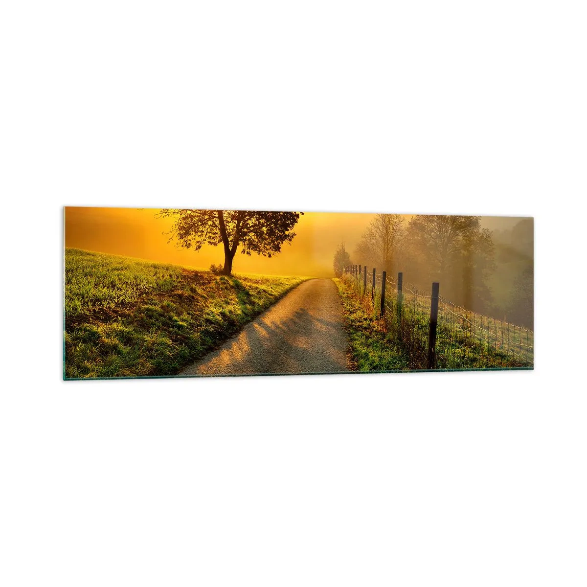 Impression sur verre - Image sur verre - Une route pittoresque au coucher du soleil avec un arbre solitaire en arrière-plan - 160x50cm - Après-midi de miel - Décoration murale moderne pour le salon et la chambre ARTTOR
