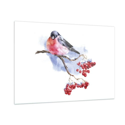 Impression sur verre - Image sur verre - Un oiseau sur une branche de sorbier - 100x70cm - L'hiver en couleurs - Décoration murale moderne pour le salon et la chambre ARTTOR