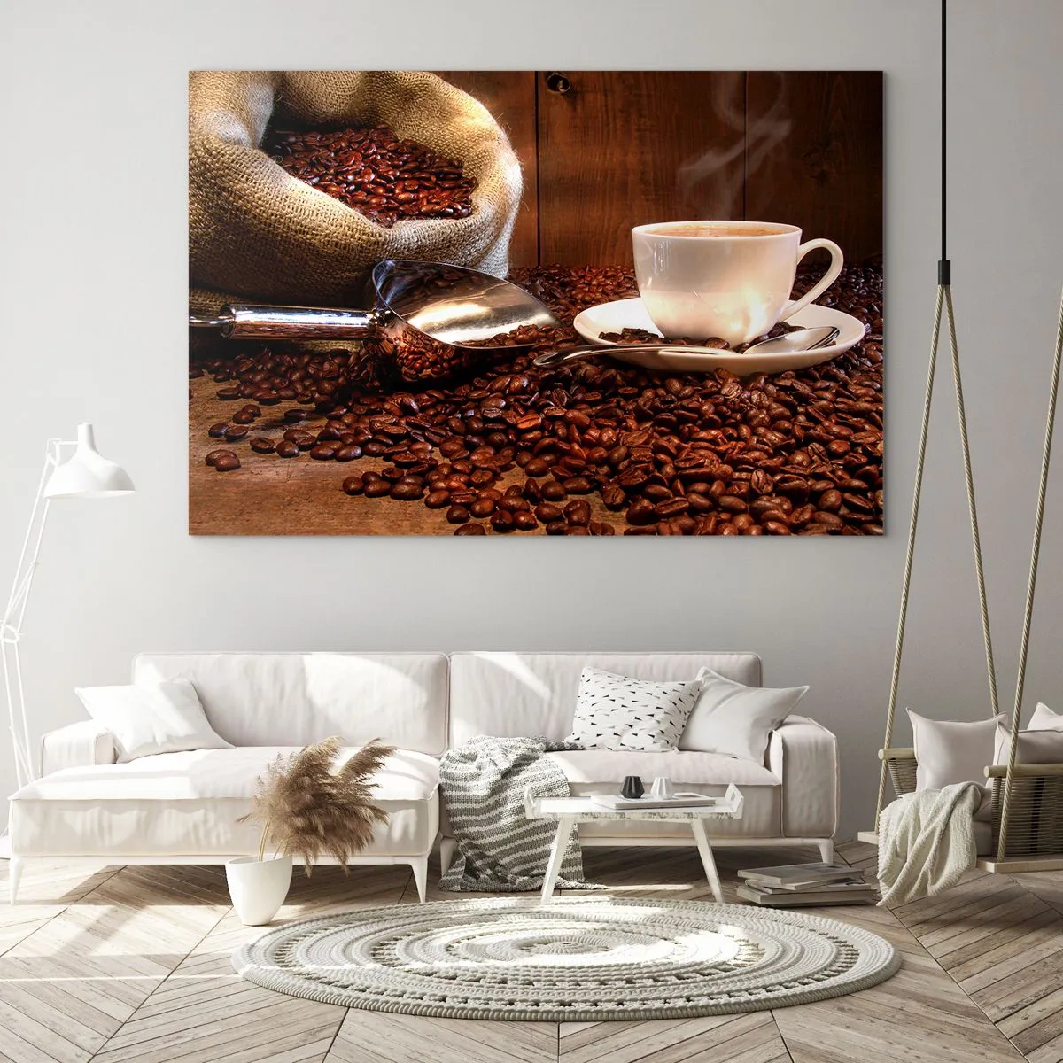 Impression sur verre - Image sur verre - Une tasse de café sur fond de haricots et d'un sac en jute - 70x50cm - Sentez-vous cette odeur? - Décoration murale moderne pour le salon et la chambre ARTTOR