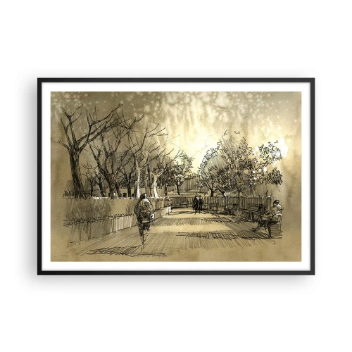 Affiche dans un cadre noir - Poster - Une scène de dessin animé d'un parc avec des gens marchant dans des tons chauds. - 100x70cm - Un moment arrêté avec une plume - Décoration murale moderne pour le salon et la chambre ARTTOR