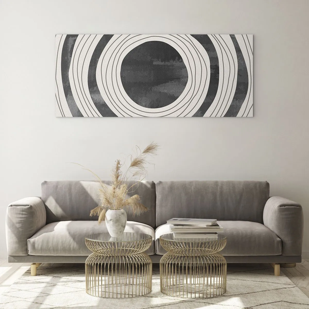 Impression sur verre - Image sur verre - Cercles concentriques noirs et blancs sur fond clair - 140x50cm - Droit au but - Décoration murale moderne pour le salon et la chambre ARTTOR