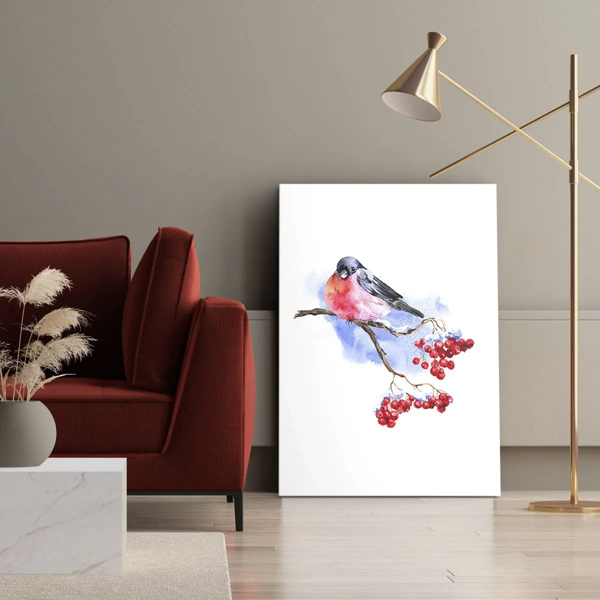 Impression sur toile - Image sur toile - Oiseau sur une branche avec des fruits rouges sur fond aquarelle - 50x70cm - L'hiver en couleurs - Décoration murale moderne pour le salon et la chambre ARTTOR