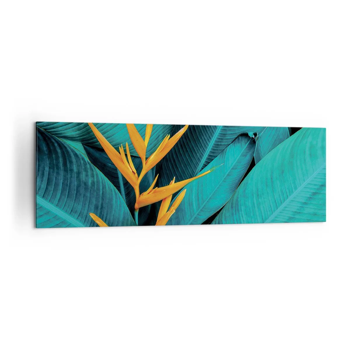Impression sur toile - Image sur toile - Une fleur exotique sur fond de feuilles de bananier aux tons turquoise. - 160x50cm - Fleur d'Eden - Décoration murale moderne pour le salon et la chambre ARTTOR