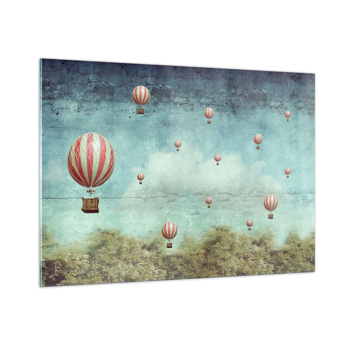 Impression sur verre - Image sur verre - Des ballons flottant au-dessus d'un paysage verdoyant - 100x70cm - Libre de l'agitation de la vie - Décoration murale moderne pour le salon et la chambre ARTTOR