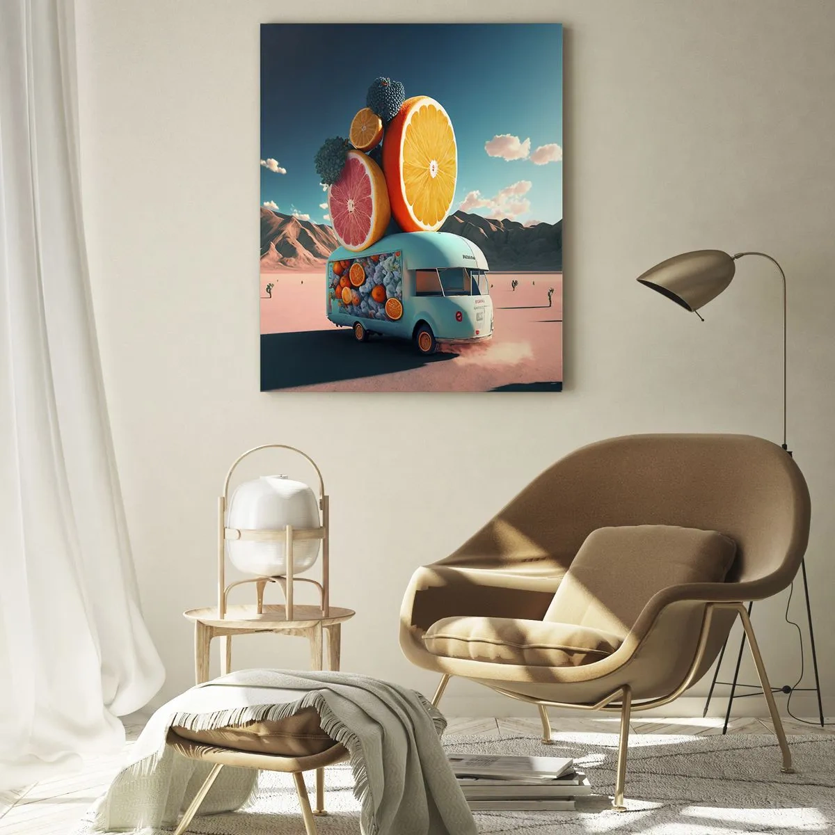 Impression sur verre - Image sur verre - Un camping-car turquoise avec des fruits sur un paysage désertique - 50x70cm - Le goût des vacances - Décoration murale moderne pour le salon et la chambre ARTTOR
