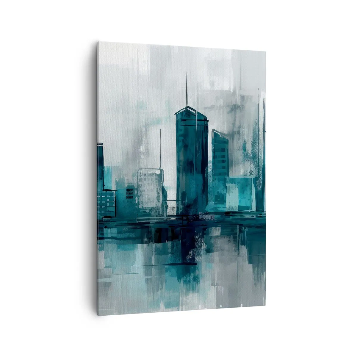 Impression sur toile - Image sur toile - Une ville moderne aux tons turquoise et gris - 70x100cm - Une ville couleur de pluie - Décoration murale moderne pour le salon et la chambre ARTTOR