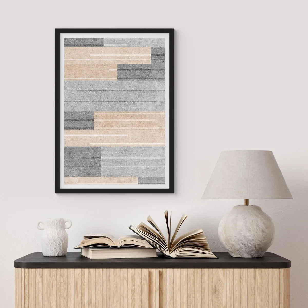 Affiche dans un cadre noir - Poster - Une composition géométrique moderne dans les tons de gris et de beige - 50x70cm - Composition : se tenir droit - Décoration murale moderne pour le salon et la chambre ARTTOR