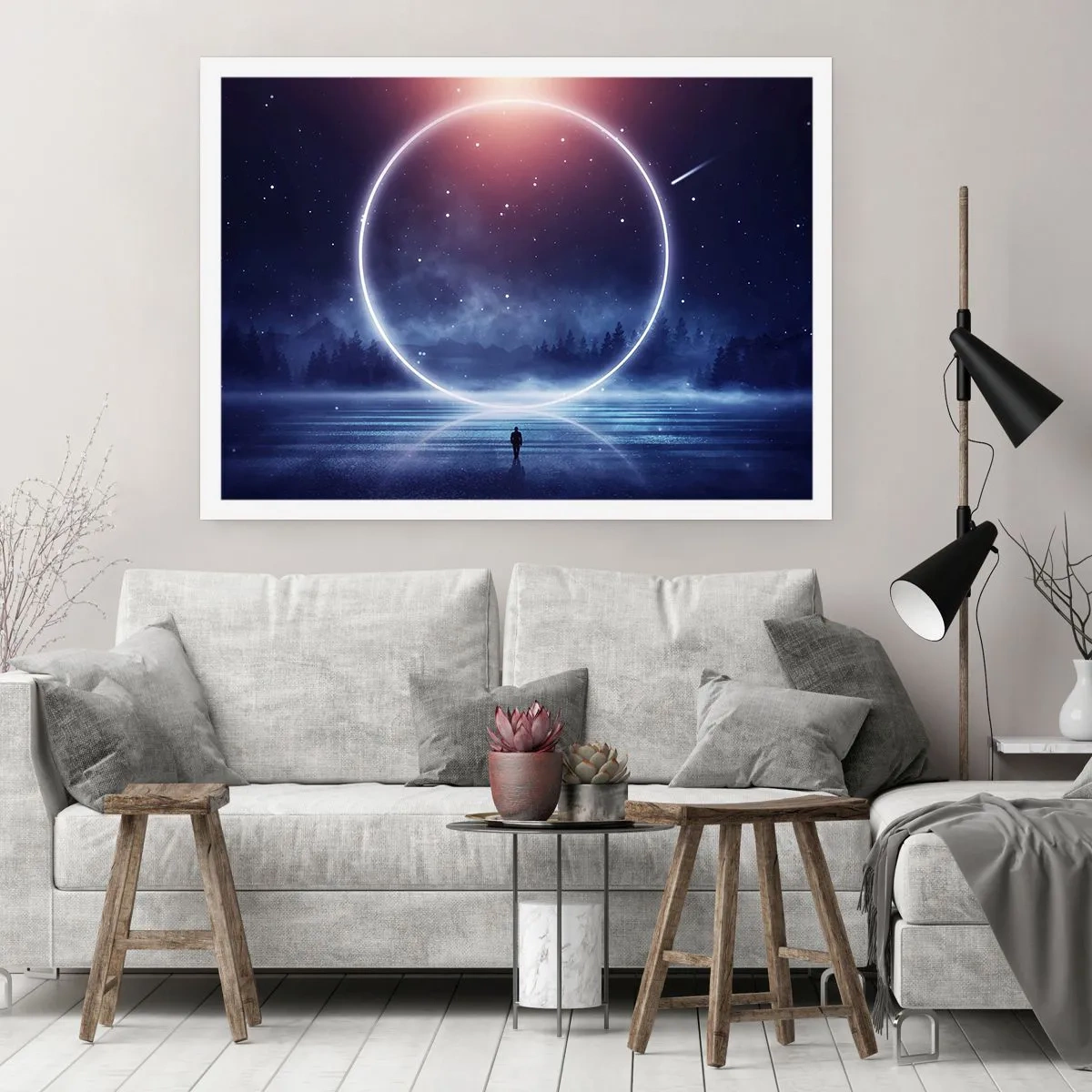 Affiche - Poster - Un paysage magique avec une silhouette et un cercle de lumière la nuit - 100x70cm - Ils sont déjà là... - Décoration murale moderne pour le salon et la chambre ARTTOR