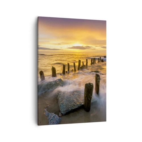 Impression sur toile - Image sur toile - Coucher de soleil sur la mer avec les vestiges d'une ancienne jetée - 50x70cm - La beauté brute de la mer Baltique - Décoration murale moderne pour le salon et la chambre ARTTOR
