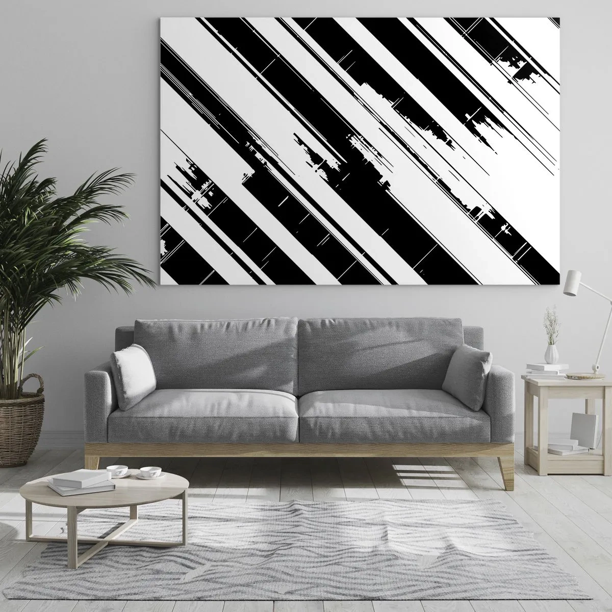 Impression sur verre - Image sur verre - Rayures dynamiques noires et blanches avec un effet vieilli - 70x50cm - Une composition intense et dynamique - Décoration murale moderne pour le salon et la chambre ARTTOR