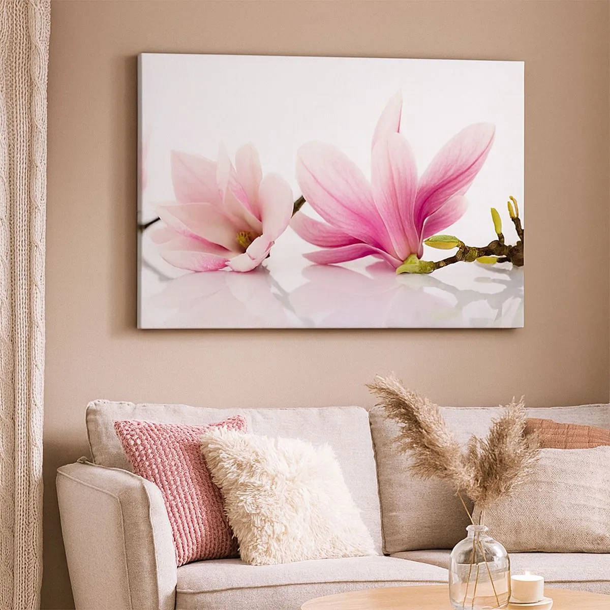 Impression sur toile - Image sur toile - Magnolias roses délicats sur fond blanc - 70x50cm - Délicat comme une brise de printemps - Décoration murale moderne pour le salon et la chambre ARTTOR