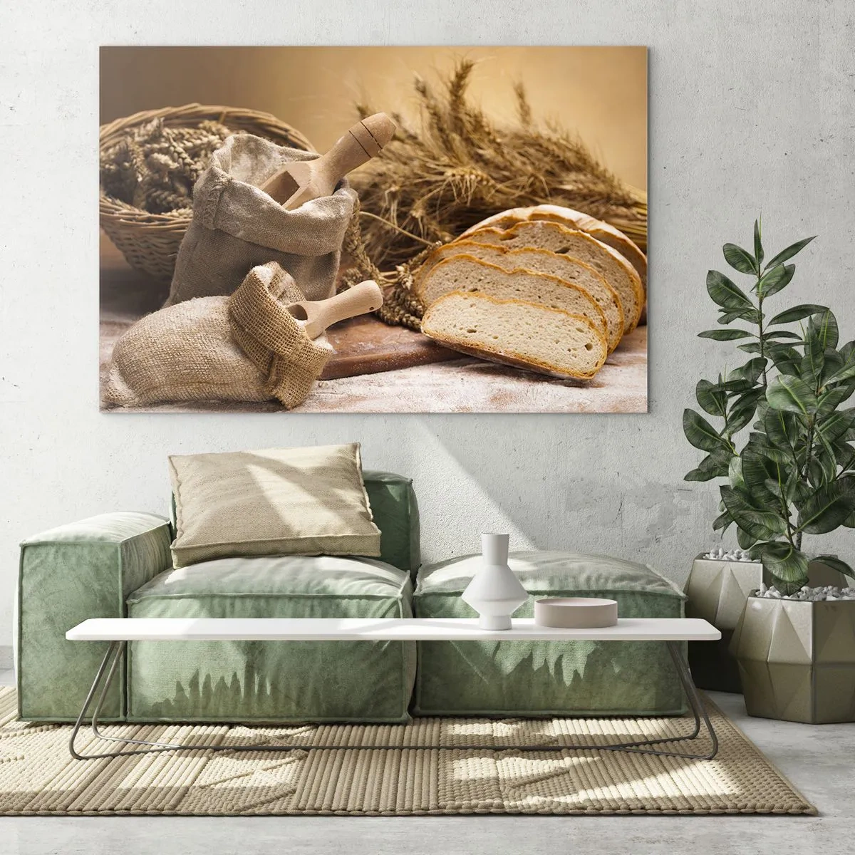 Impression sur verre - Image sur verre - Pain, farine et épis de céréales dans un style rustique - 70x50cm - Comment il coupe avec un couteau - Décoration murale moderne pour le salon et la chambre ARTTOR