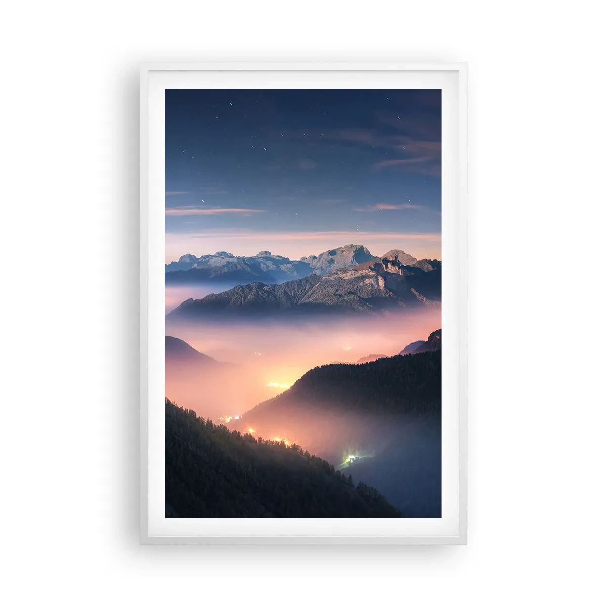 Affiche dans un cadre blanc - Poster - Lumière dans les vallées - 61x91 cm