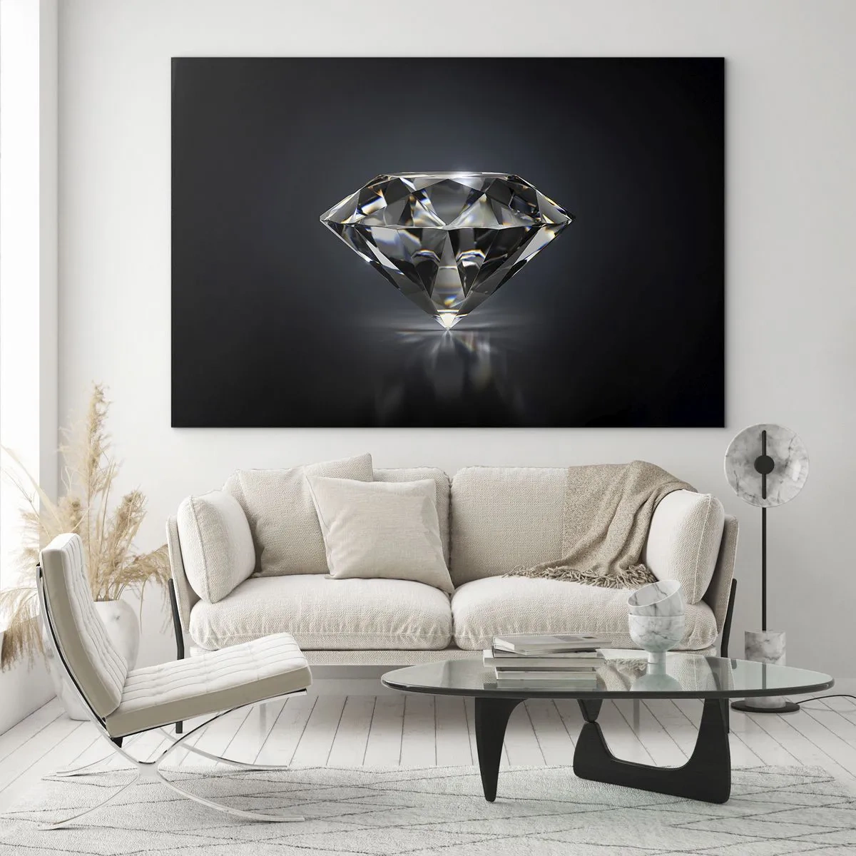 Impression sur verre - Image sur verre - Un diamant étincelant sur un fond sombre dans un arrangement élégant - 70x50cm - La meilleure amie - Décoration murale moderne pour le salon et la chambre ARTTOR
