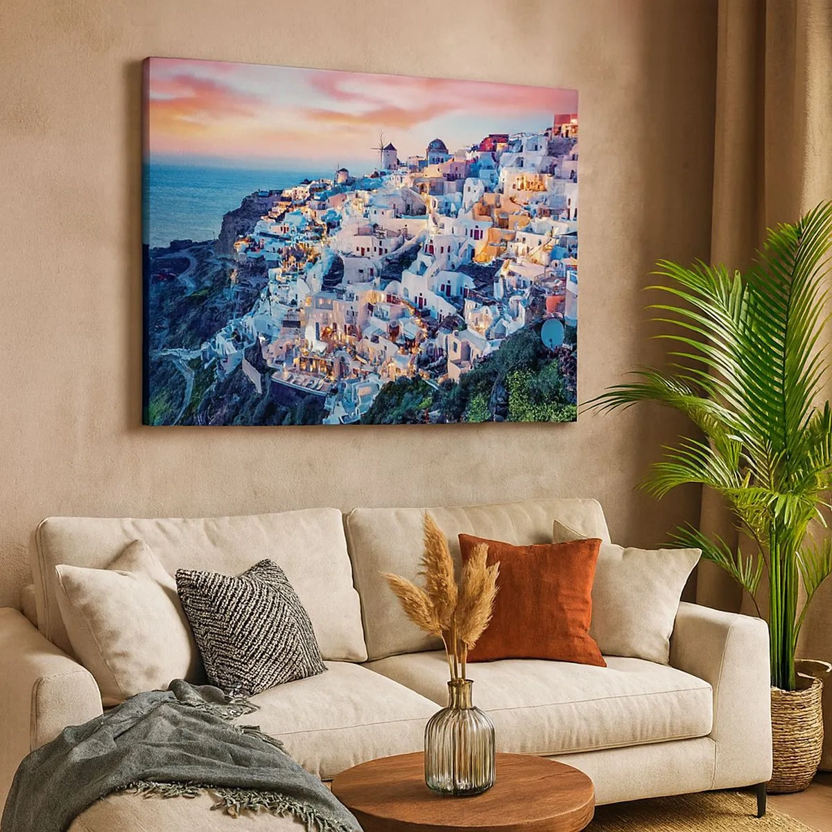 Impression sur toile - Image sur toile - Santorin au coucher du soleil avec des bâtiments blancs sur la colline - 70x50cm - Vos grandes vacances en Grèce - Décoration murale moderne pour le salon et la chambre ARTTOR