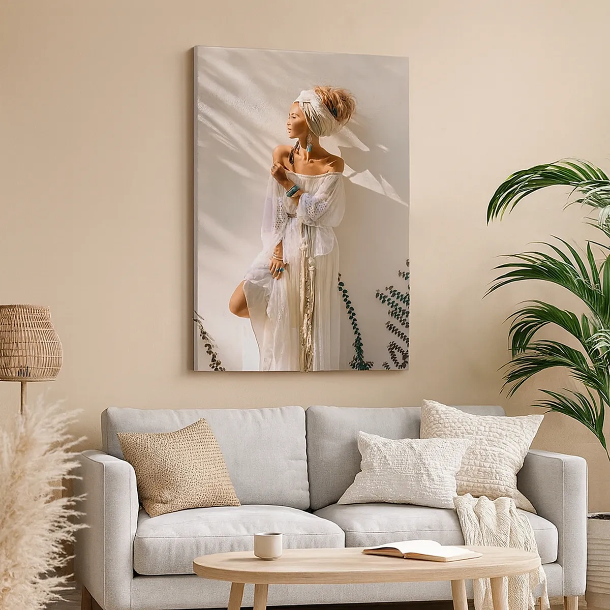 Impression sur toile - Image sur toile - Une femme au style bohème illuminée par les rayons du soleil - 50x70cm - Le soleil et la fille - Décoration murale moderne pour le salon et la chambre ARTTOR