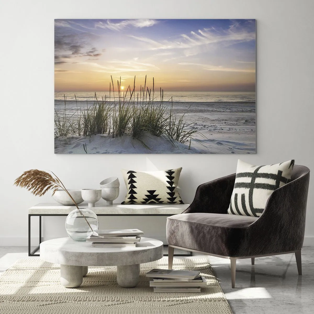 Impression sur verre - Image sur verre - Coucher de soleil sur une plage herbeuse - 120x80cm - Regarde, pense, ressent - Décoration murale moderne pour le salon et la chambre ARTTOR