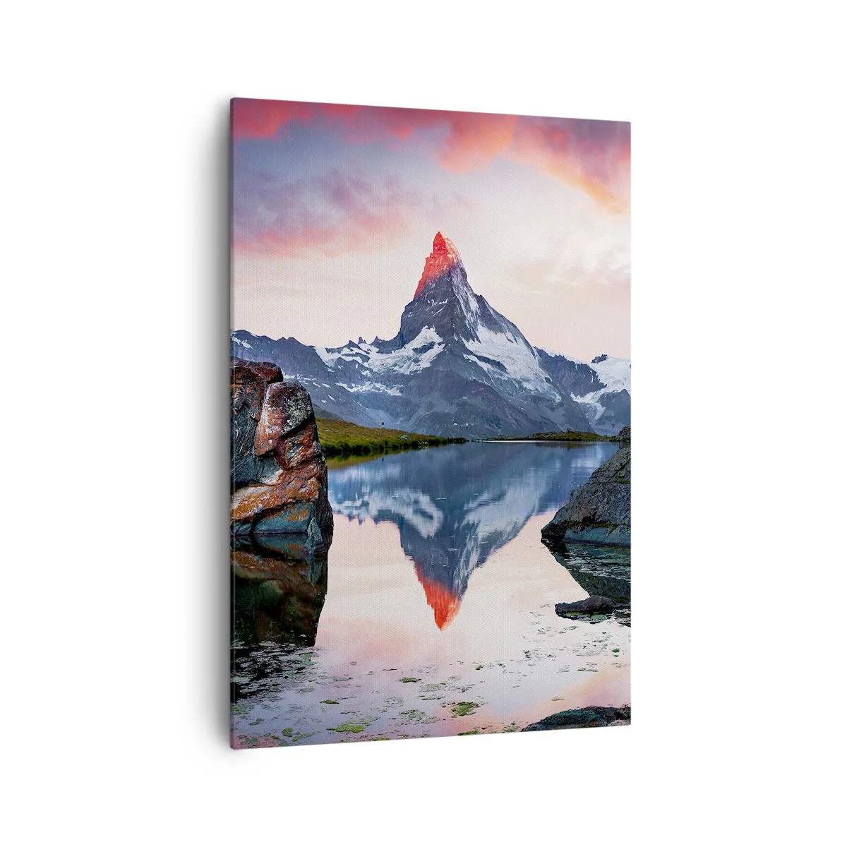 Impression sur toile - Image sur toile - Un sommet de montagne se reflétant dans un lac au coucher du soleil - 70x100cm - Le coeur des montagnes est chaud - Décoration murale moderne pour le salon et la chambre ARTTOR