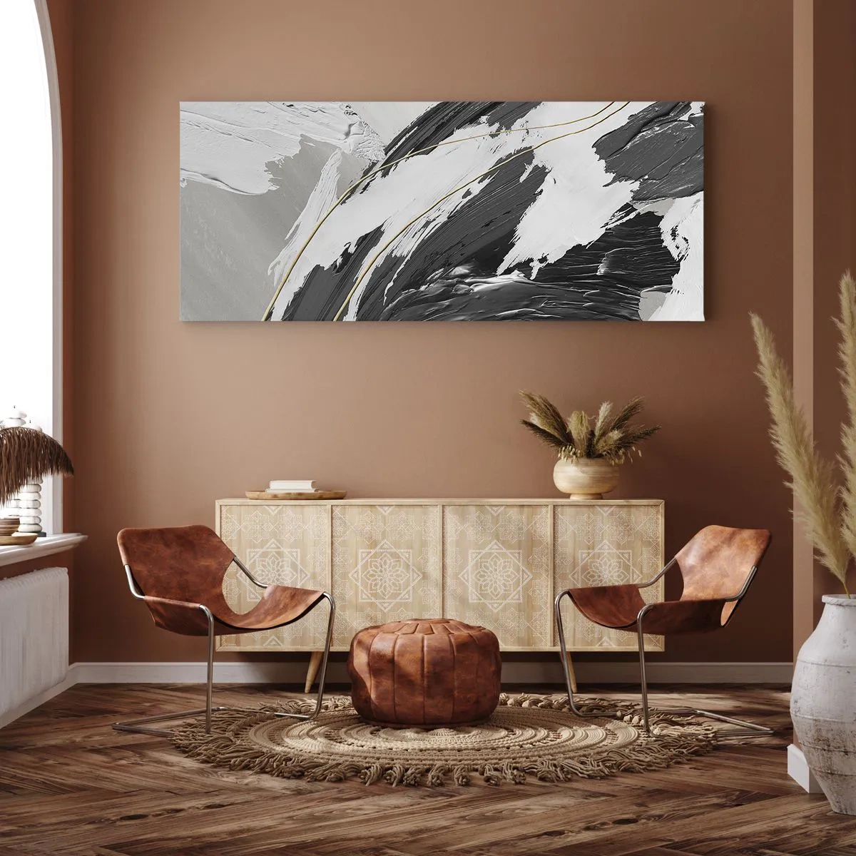 Impression sur toile - Image sur toile - Coups de pinceau noirs et blancs avec une subtile touche dorée - 160x50cm - L'abstraction à grande échelle - Décoration murale moderne pour le salon et la chambre ARTTOR