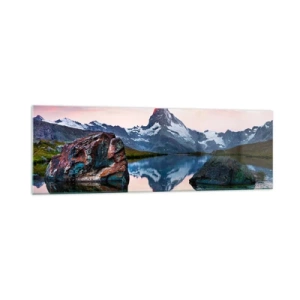 Impression sur verre - Image sur verre - Un sommet de montagne se reflétant dans un lac au coucher du soleil - 160x50cm - Le coeur des montagnes est chaud - Décoration murale moderne pour le salon et la chambre ARTTOR