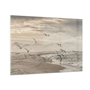 Impression sur verre - Image sur verre - Oiseaux sur le bord de mer à l'aube dans des tons sépia - 100x70cm - Le bruit de la mer, le chant des oiseaux - Décoration murale moderne pour le salon et la chambre ARTTOR