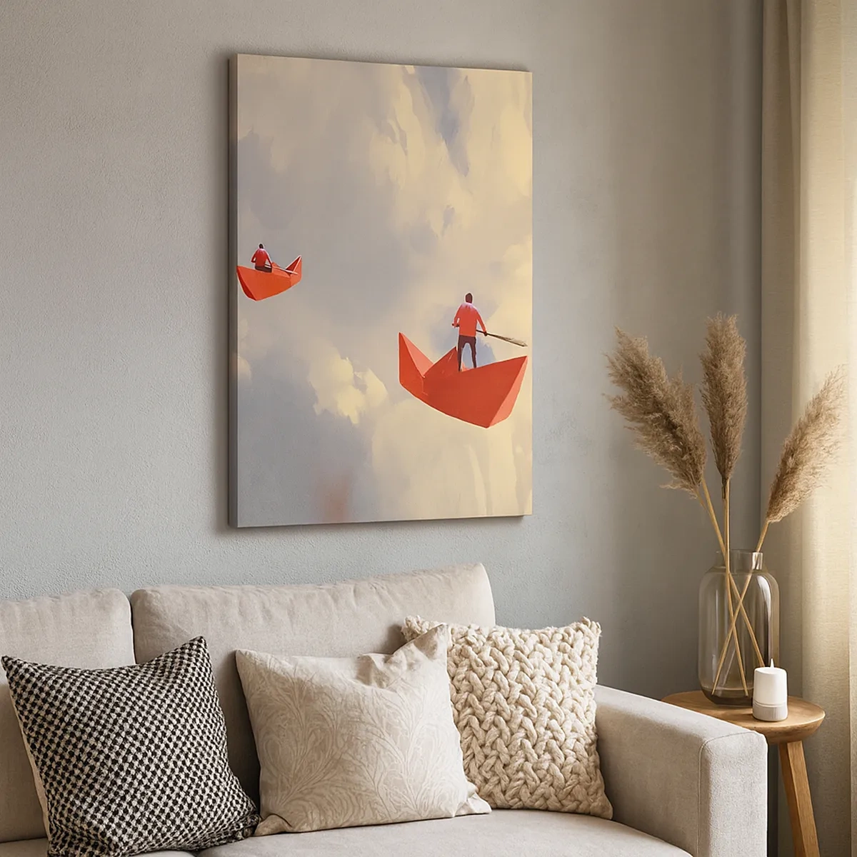 Impression sur toile - Image sur toile - Bateaux en papier rouges flottant dans les nuages - 50x70cm - Expédition des Rêveurs - Décoration murale moderne pour le salon et la chambre ARTTOR