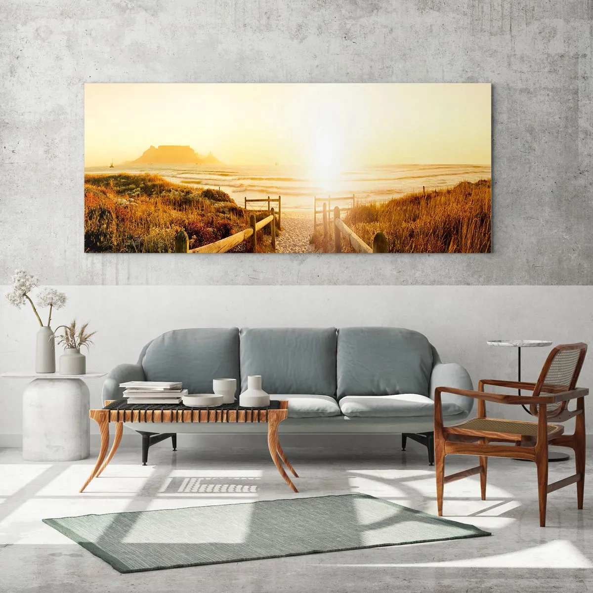 Impression sur verre - Image sur verre - Chemin vers la plage pendant un coucher de soleil doré - 140x50cm - A travers la dune, vers le soleil - Décoration murale moderne pour le salon et la chambre ARTTOR