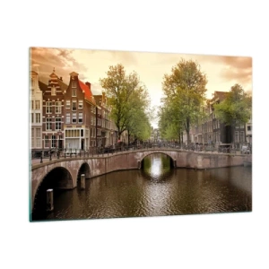Impression sur verre - Image sur verre - Un canal et un pont entourés d'immeubles à Amsterdam - 120x80cm - En bateau ou à vélo ? - Décoration murale moderne pour le salon et la chambre ARTTOR