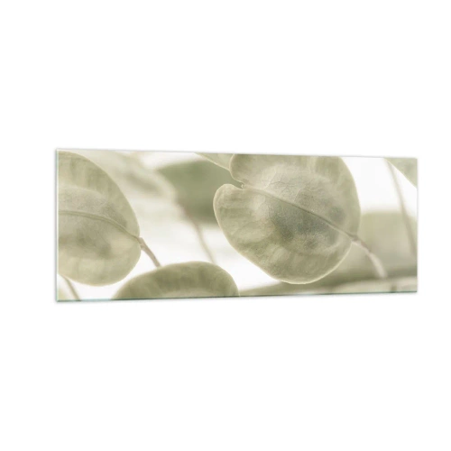Impression sur verre - Image sur verre - Une peinture délicate de feuilles dans des tons pastel de vert sur un fond clair. - 140x50cm - Au commencement il y avait des feuilles... - Décoration murale moderne pour le salon et la chambre ARTTOR