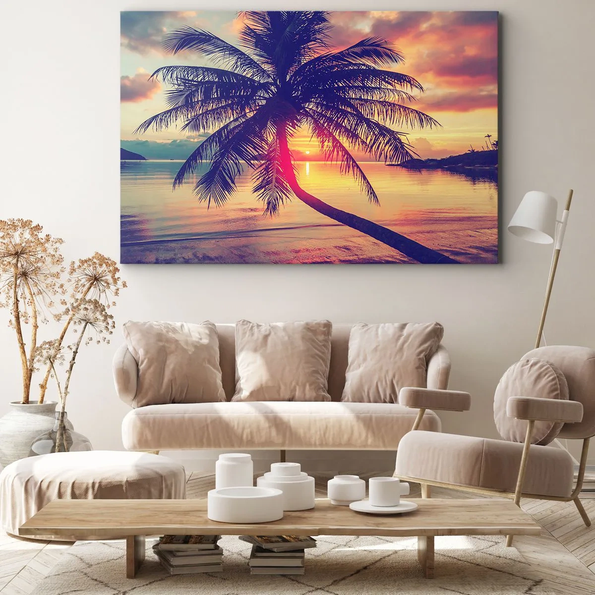 Impression sur toile - Image sur toile - Coucher de soleil avec un palmier sur un rivage tranquille - 100x70cm - Soirée sous les palmiers - Décoration murale moderne pour le salon et la chambre ARTTOR