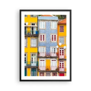 Affiche dans un cadre noir - Poster - Façades colorées de maisons de style portugais - 50x70cm - Couleurs de vieille ville - Décoration murale moderne pour le salon et la chambre ARTTOR