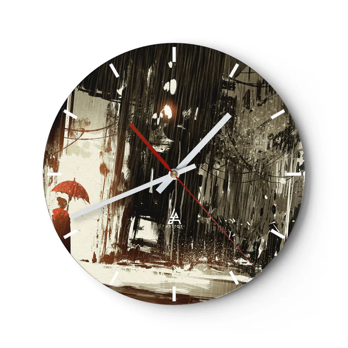 Horloge murale - Pendule murale - Une scène avec un parapluie dans une rue pluvieuse - 30x30cm - La poésie du parapluie rouge - Décoration murale moderne pour le salon, la cuisine et la chambre ARTTOR