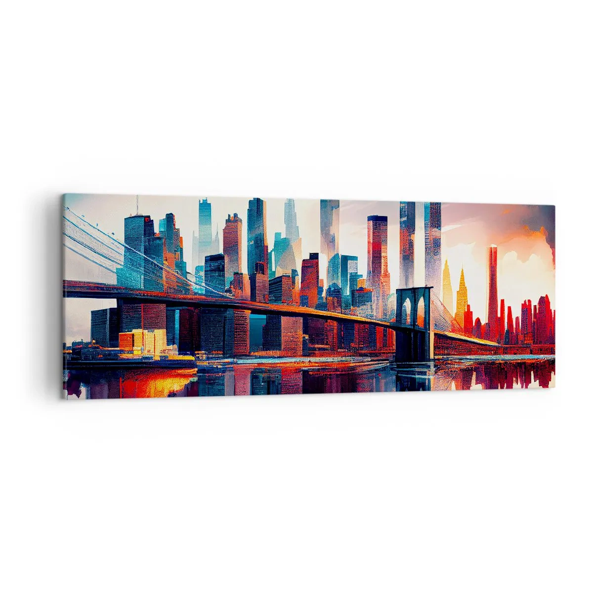 Impression sur toile - Image sur toile - Panorama de la ville de New York avec pont et reflet dans l'eau - 140x50cm - New York onirique - Décoration murale moderne pour le salon et la chambre ARTTOR