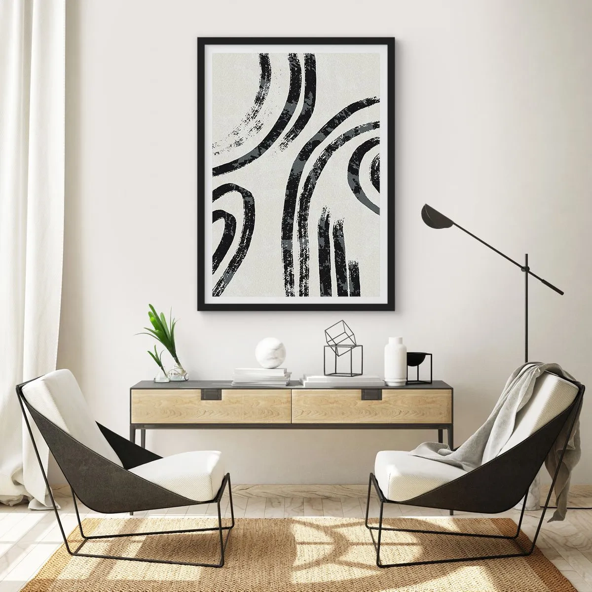 Affiche dans un cadre noir - Poster - Lignes noires abstraites sur fond clair - 50x70cm - À moitié arrêté - Décoration murale moderne pour le salon et la chambre ARTTOR