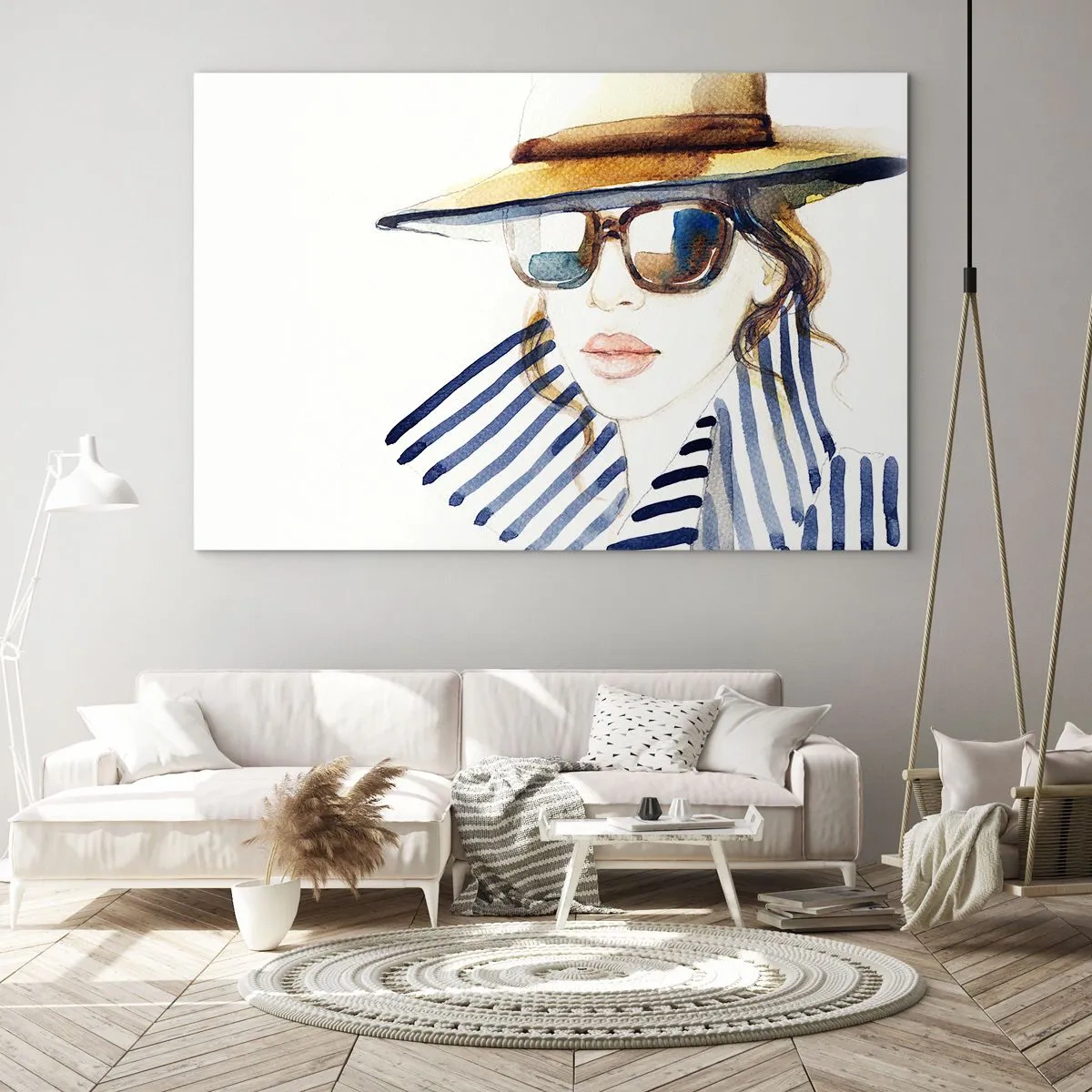 Impression sur verre - Image sur verre - Femme élégante avec un chapeau et des lunettes dans un style aquarelle - 100x70cm - La Floride vous souhaite la bienvenue ! - Décoration murale moderne pour le salon et la chambre ARTTOR