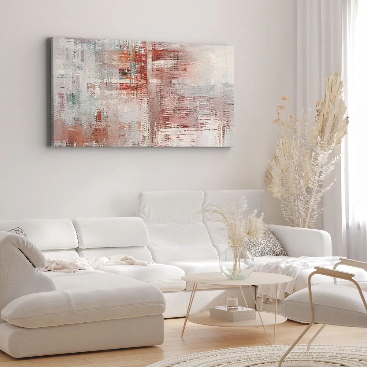Impression sur toile - Image sur toile - Une composition abstraite avec des nuances de rouge et de couleurs pastel. - 120x50cm - Brumeux. Mais rose - Décoration murale moderne pour le salon et la chambre ARTTOR