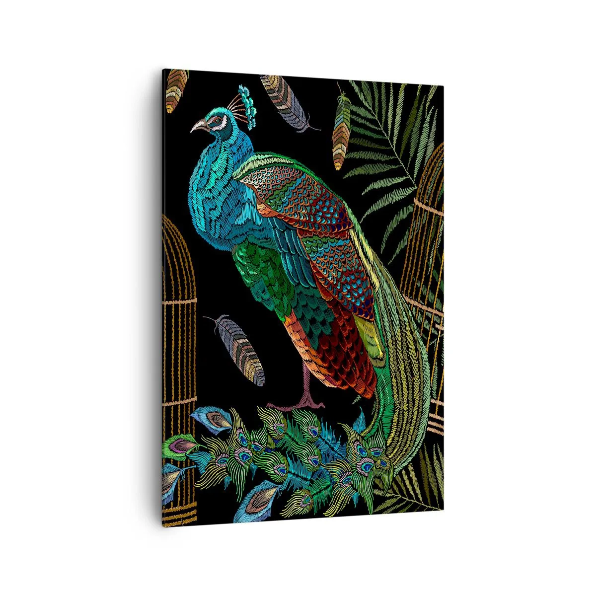 Impression sur toile - Image sur toile - Paons à côté d'une cage dorée sur fond noir - 70x100cm - En robes royales - Décoration murale moderne pour le salon et la chambre ARTTOR