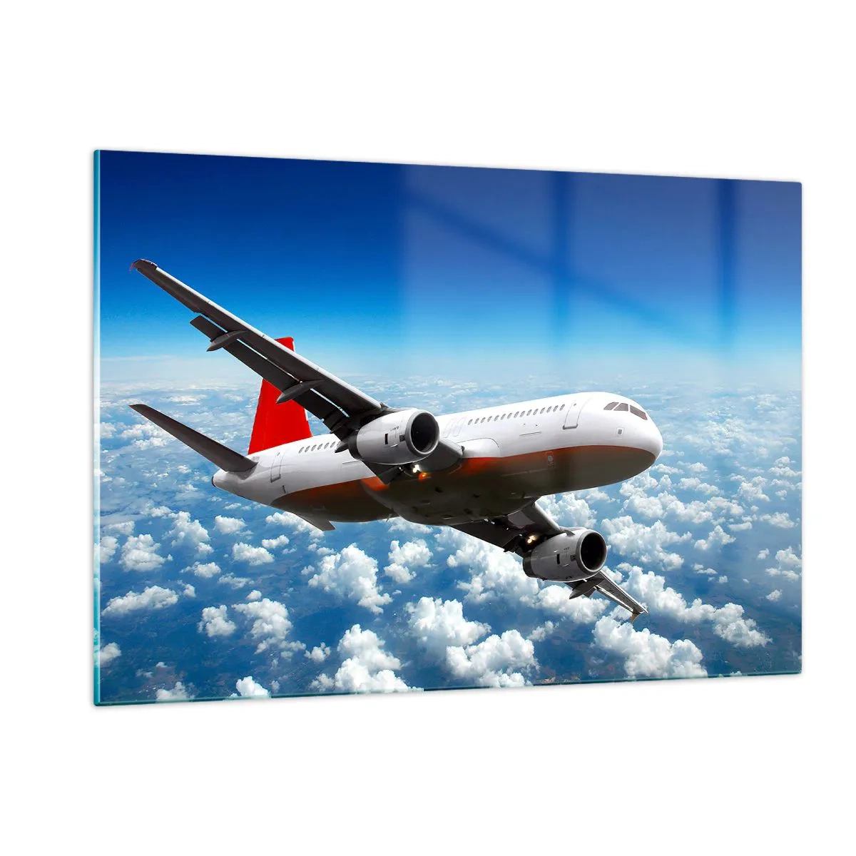 Impression sur verre - Image sur verre - Un avion de ligne volant au-dessus des nuages contre un ciel bleu - 120x80cm - Éloignez-vous de tout - Décoration murale moderne pour le salon et la chambre ARTTOR