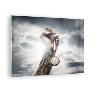 Impression sur verre - Image sur verre - Une main tenant une médaille sur un fond de nuages - 70x50cm - Per aspera ad astra - Décoration murale moderne pour le salon et la chambre ARTTOR
