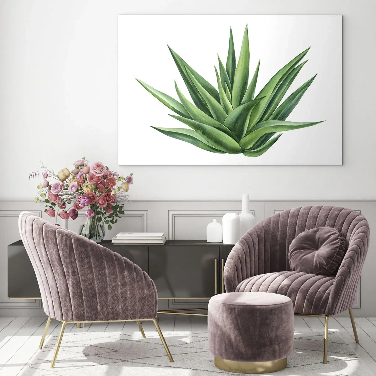 Impression sur verre - Image sur verre - Une plante verte aux feuilles charnues sur fond blanc - 70x50cm - Vert – force – vie - Décoration murale moderne pour le salon et la chambre ARTTOR
