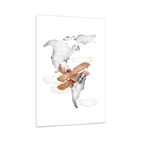 Impression sur verre - Image sur verre - Illustration d'une carte du monde avec des avions - 70x100cm - Dans un esprit pionnier - Décoration murale moderne pour le salon et la chambre ARTTOR