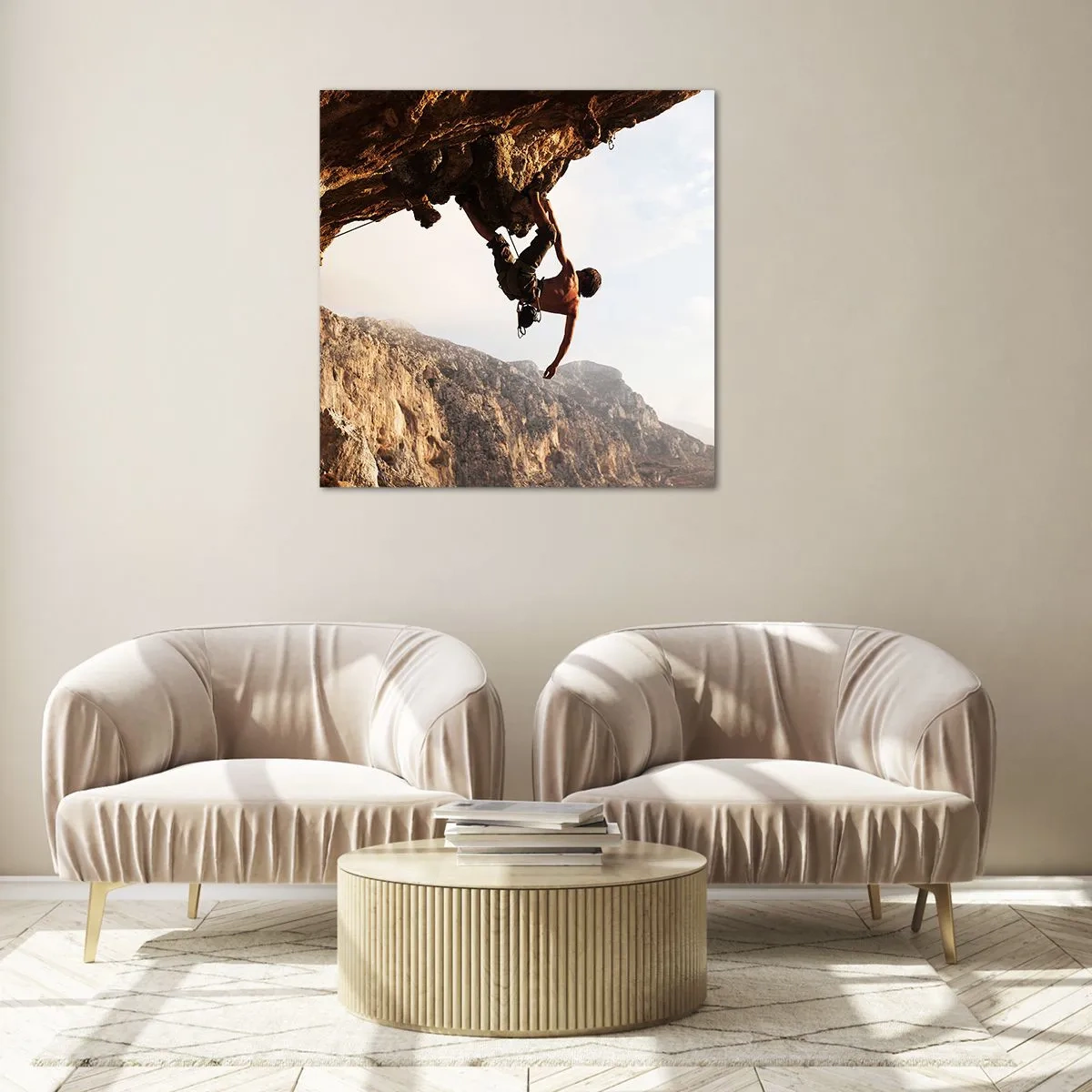 Impression sur verre - Image sur verre - Le monde rétréci dans une main sur une coupe de rocher - 40x40 cm