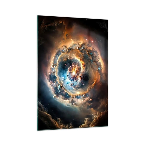 Impression sur verre - Image sur verre - Une vision abstraite d'une explosion cosmique dans des tons d'or et de bleu. - 70x100cm - Le début - Décoration murale moderne pour le salon et la chambre ARTTOR