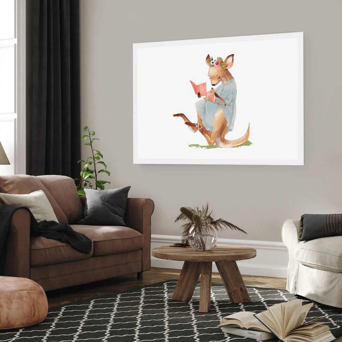 Affiche - Poster - Kanga lisant un livre avec un bébé - 100x70cm - Lis-moi maman - Décoration murale moderne pour le salon et la chambre ARTTOR