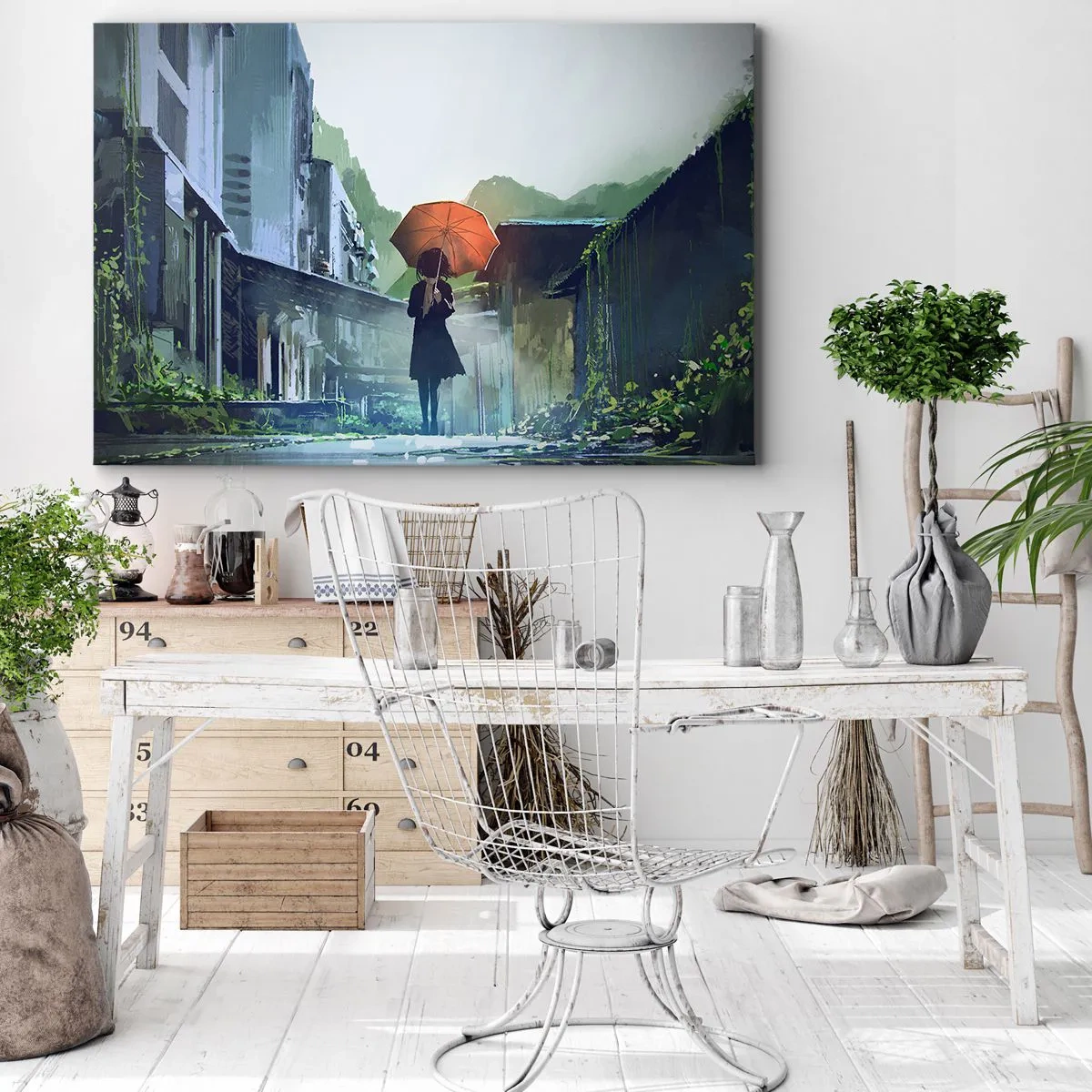 Impression sur toile - Image sur toile - Une silhouette avec un parapluie dans une ville pluvieuse - 70x50cm - Pluie vivifiante - Décoration murale moderne pour le salon et la chambre ARTTOR